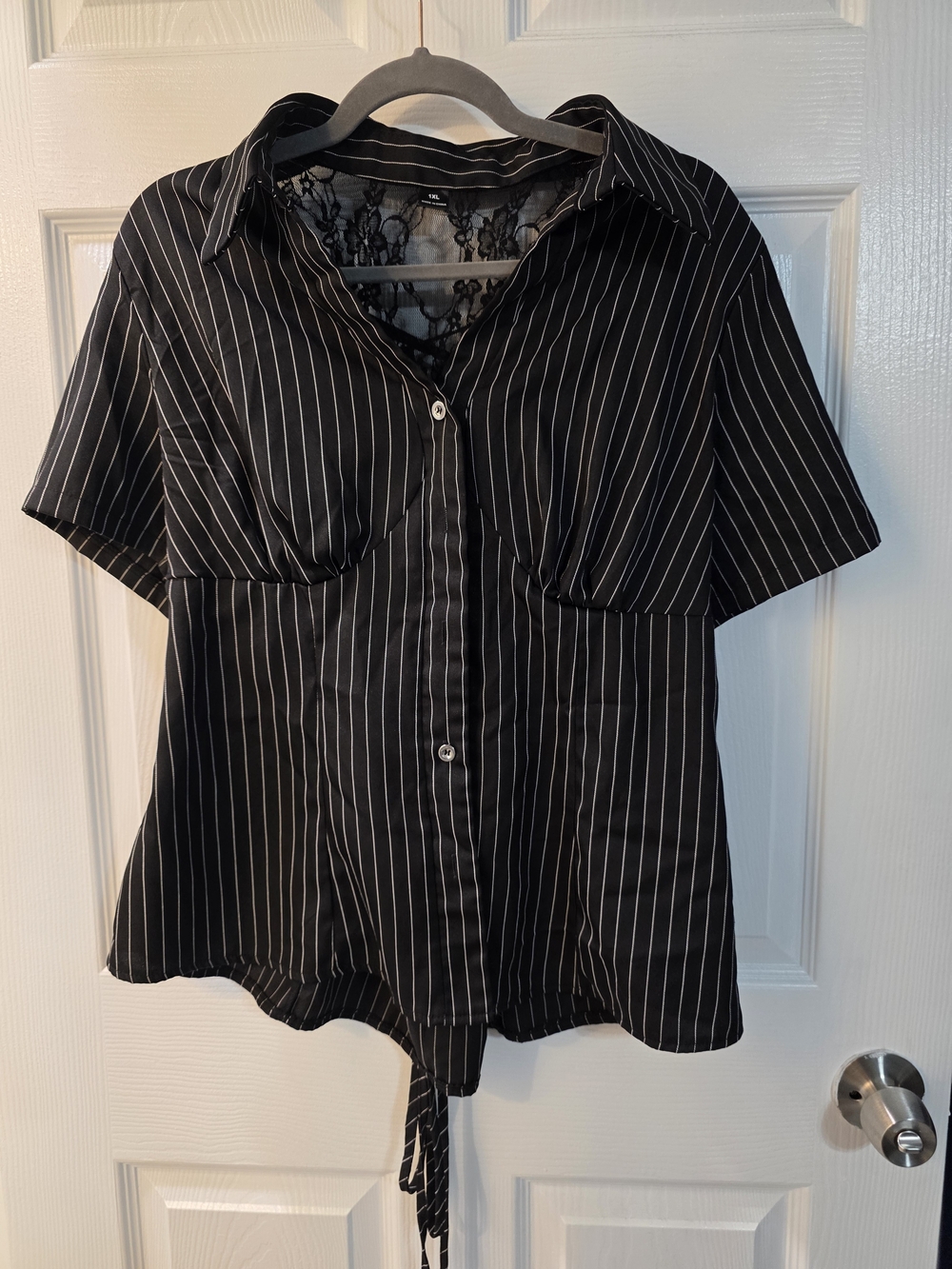 SHEIN Black Pinstripe Button-Down Shirt with Lace Back 1xl